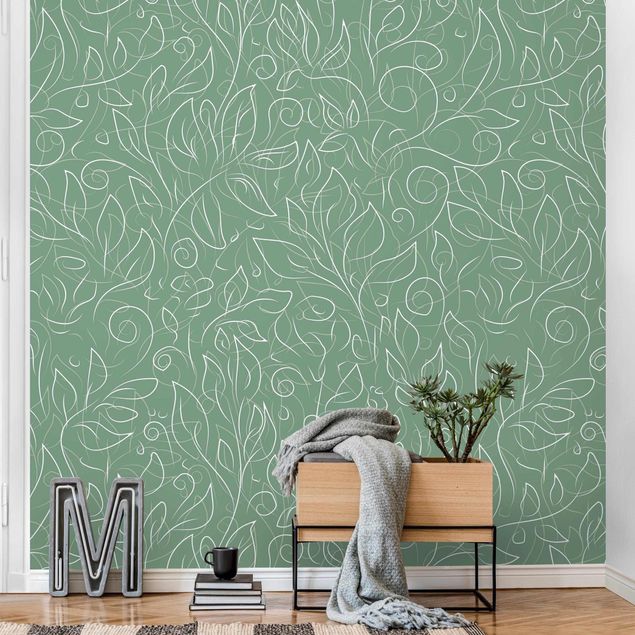 Fototapete modern Wildes Pflanzen Muster auf Grün