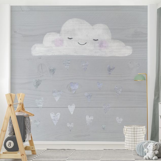 Wandtapete Design Wolke mit silbernen Herzen