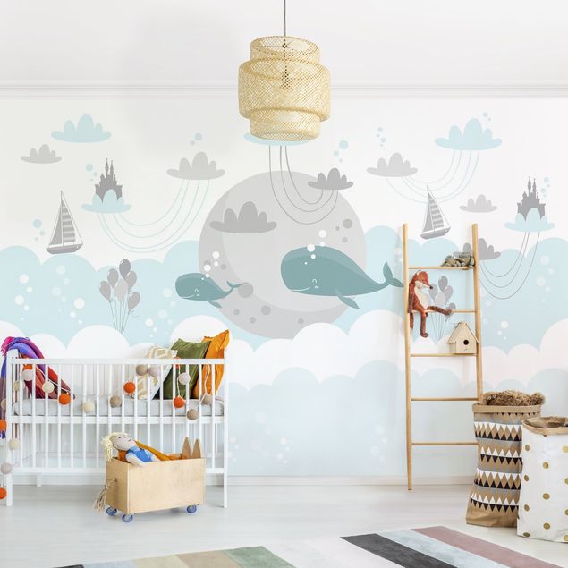 Kinderzimmertapete Tiere Wolken mit Wal und Schloss