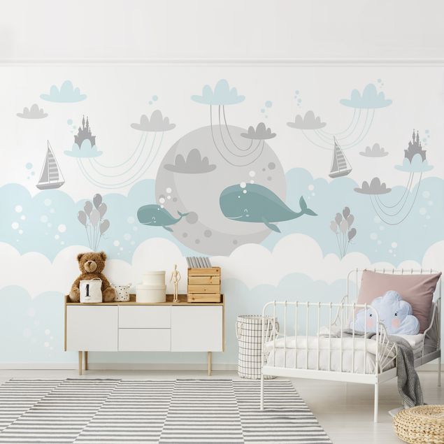 Wandtapete Tiere Wolken mit Wal und Schloss