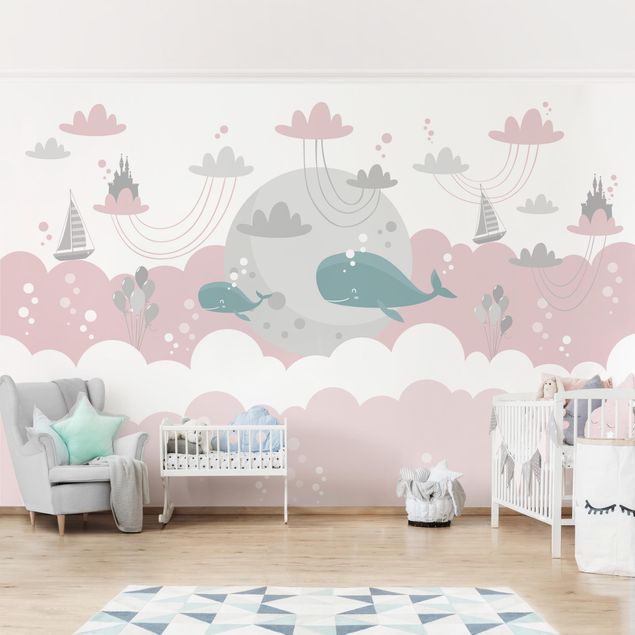 Kindertapete Tiere Wolken mit Wal und Schloss Rosa