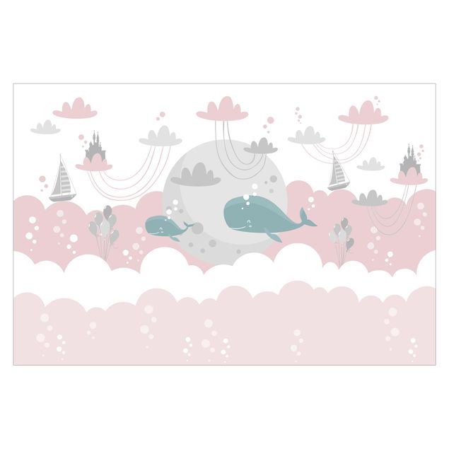 Tapeten weiß Wolken mit Wal und Schloss Rosa