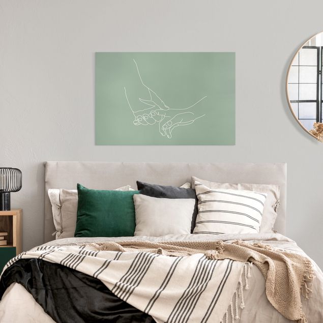 Moderne Leinwandbilder Wohnzimmer Zärtliche Hände Line Art in Grün