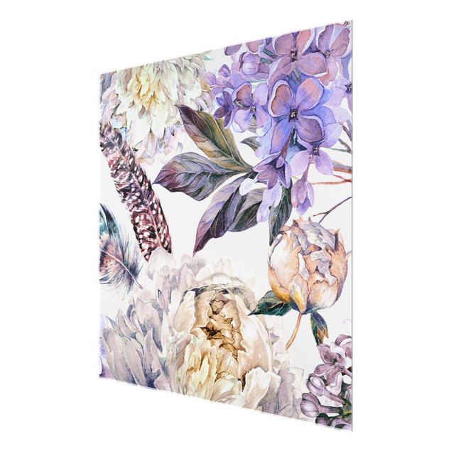 Bilder auf Glas Zartes Aquarell Boho Blüten und Federn Muster
