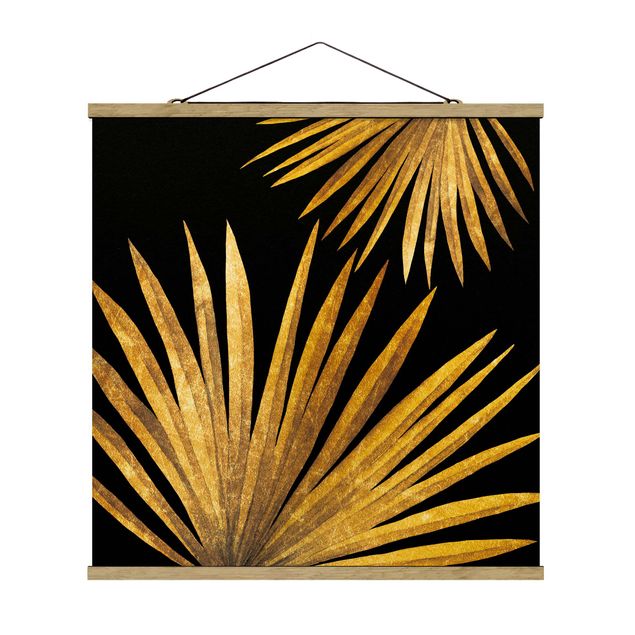 Stoffbild mit Posterleisten - Gold - Palmenblatt auf Schwarz - Quadrat 1:1