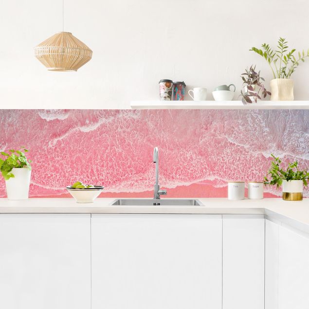 Küchenrückwand Glas Motiv Wald Ozean in Pink