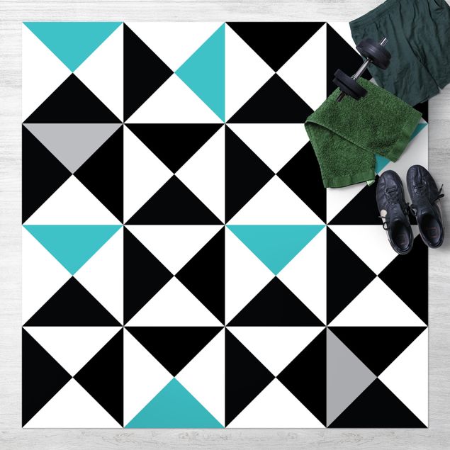 Aussen Teppich Geometrisches Muster große Dreiecke Farbakzent Türkis