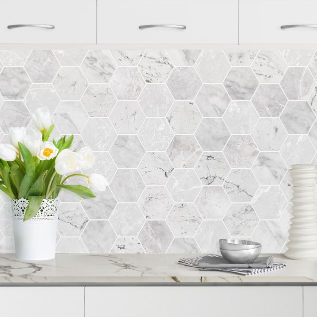 Küchenrückwände Platte Marmor Hexagon Fliesen - Hellgrau