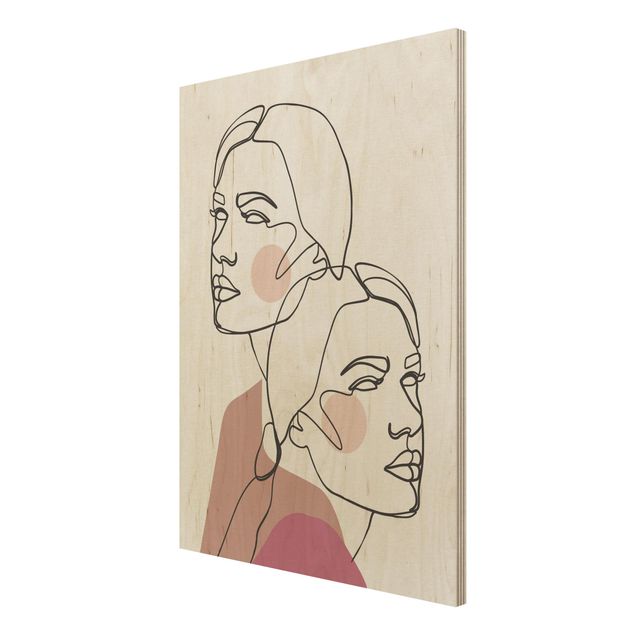 Moderne Holzbilder Line Art Frauen Portrait Wangen Rosa