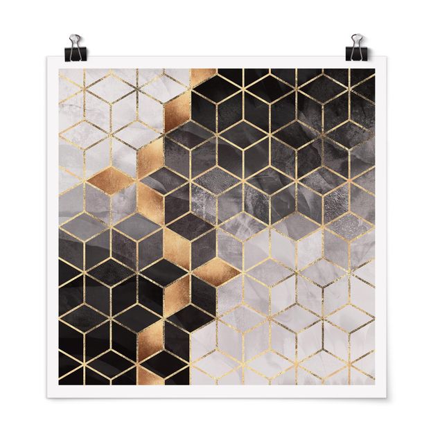 Poster - Schwarz Weiß goldene Geometrie - Quadrat 1:1