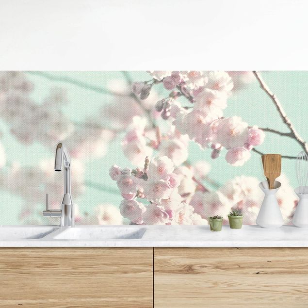 Küchenrückwände Platte Kirschblütentanz auf Leinenstruktur