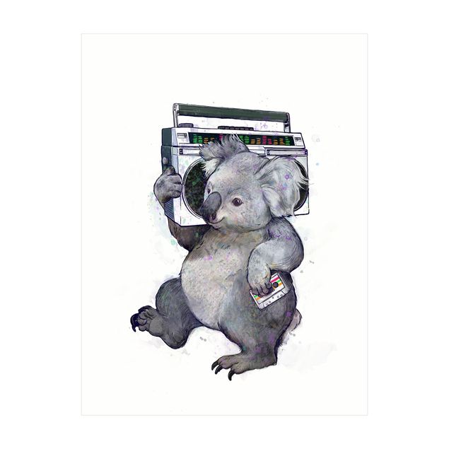 Teppich grau Illustration Koala mit Radio Malerei