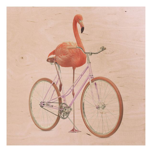 Holzbilder Flamingo mit Fahrrad