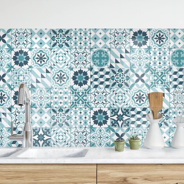 Küchenrückwände Platte Geometrischer Fliesenmix Türkis