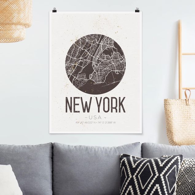 Schwarz-Weiß Poster Stadtplan New York - Retro