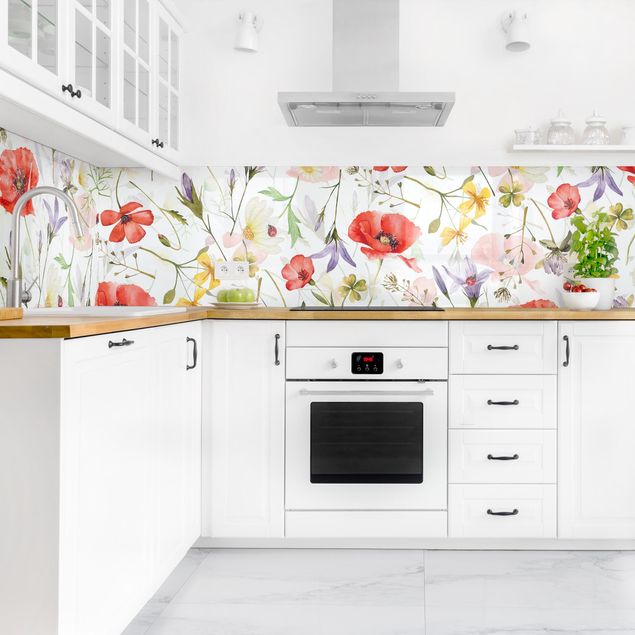 Küchenrückwand Muster Marienkäfer mit Mohn als Aquarell