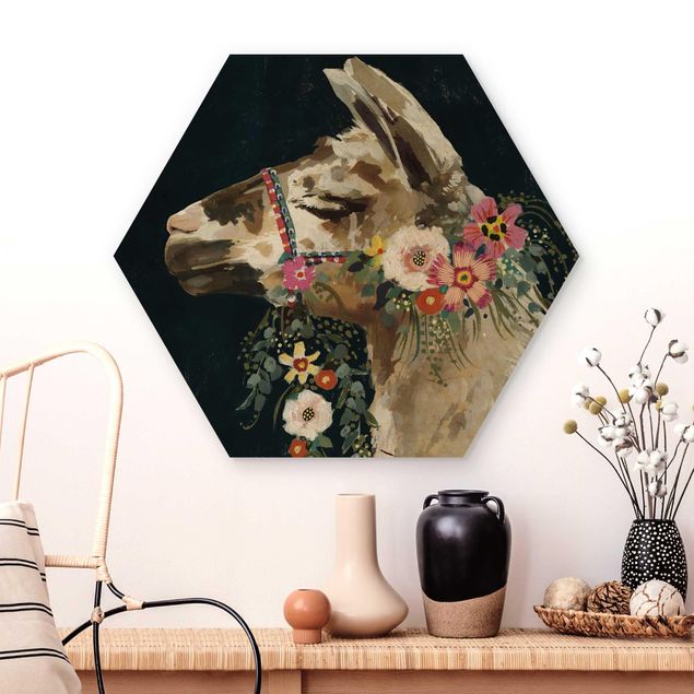 Moderne Holzbilder Lama mit Blumenschmuck II