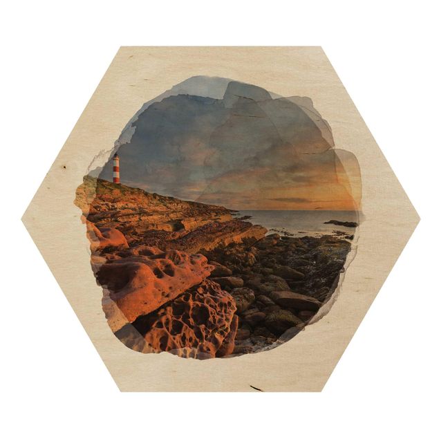 Hexagon Bild Holz - Wasserfarben - Tarbat Ness Meer & Leuchtturm bei Sonnenuntergang