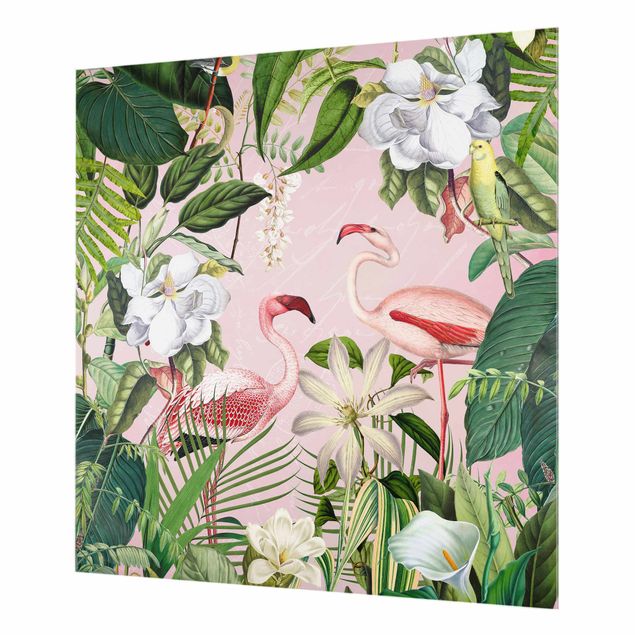 Spritzschutz Glas - Tropische Flamingos mit Pflanzen in Rosa - Quadrat 1:1