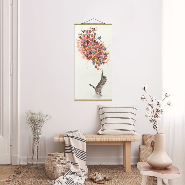 Stoffbilder zum Aufhängen Illustration Katze mit bunten Schmetterlingen Malerei