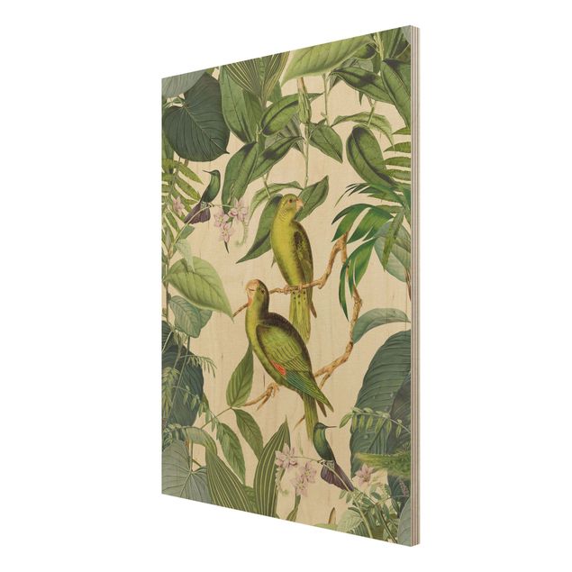 Holzbilder modern Vintage Collage - Papageien im Dschungel