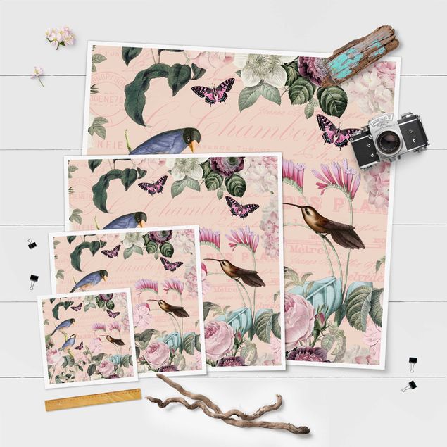 Poster - Vintage Collage - Rosen und Vögel - Quadrat 1:1