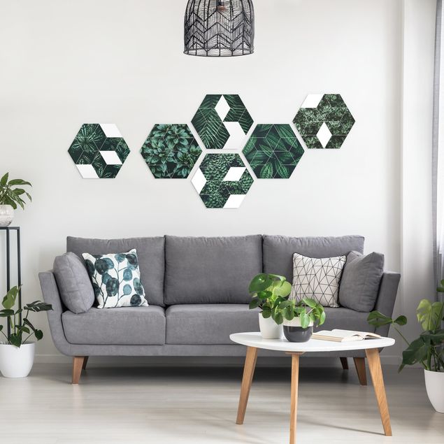 Hexagon Wandbilder Grüne Blätter Geometrie Set II