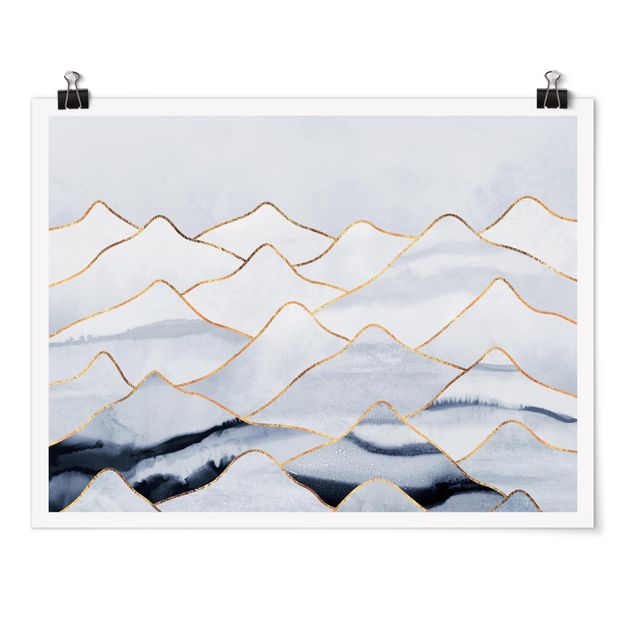 Poster abstrakt Aquarell Berge Weiß Gold