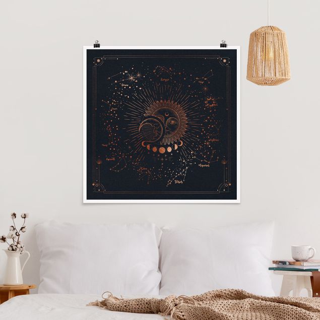 Poster Illustration Astrologie Sonne Mond und Sterne Blau Gold