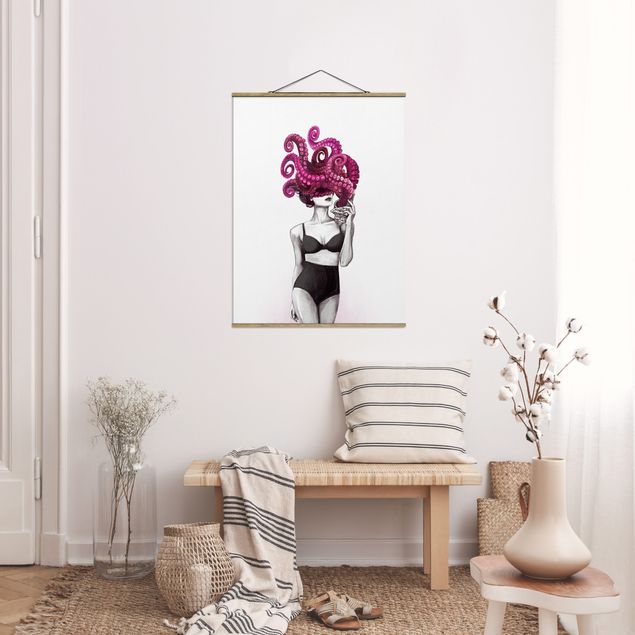 Stoffbilder mit Holzleisten Illustration Frau in Unterwäsche Schwarz Weiß Oktopus