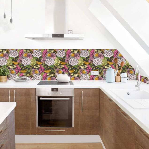 Küchenrückwand Blumen Rotkehlchen mit Blumen