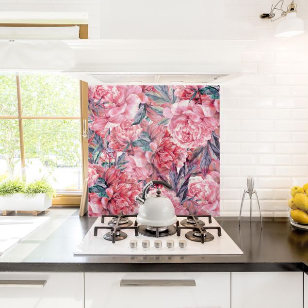 Küchenrückwand Glas Blumen Zartes Aquarell Rote Pfingstrosen Muster