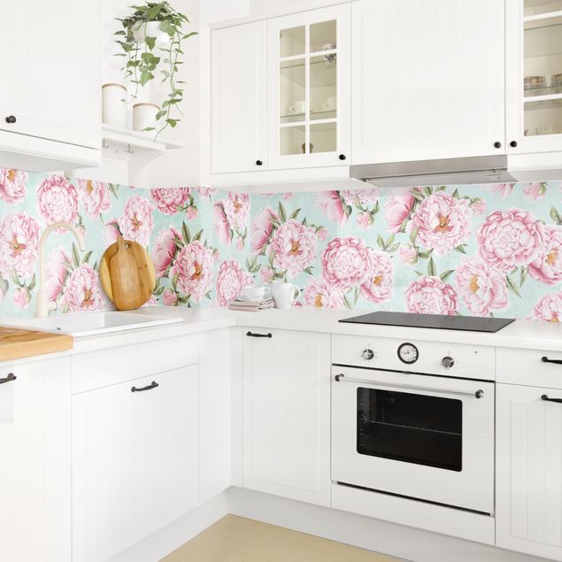 Küchenrückwand Muster Rosa Blumen auf Mint als Aquarell