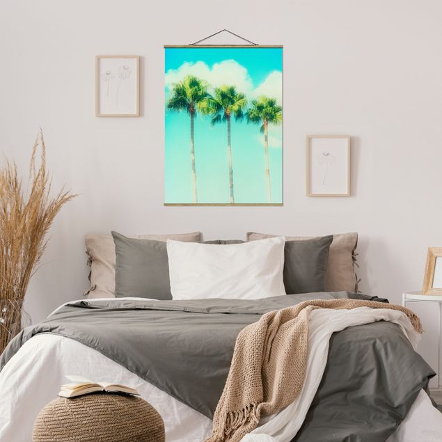 Stoffbilder mit Holzleisten Palmen vor Himmel Blau