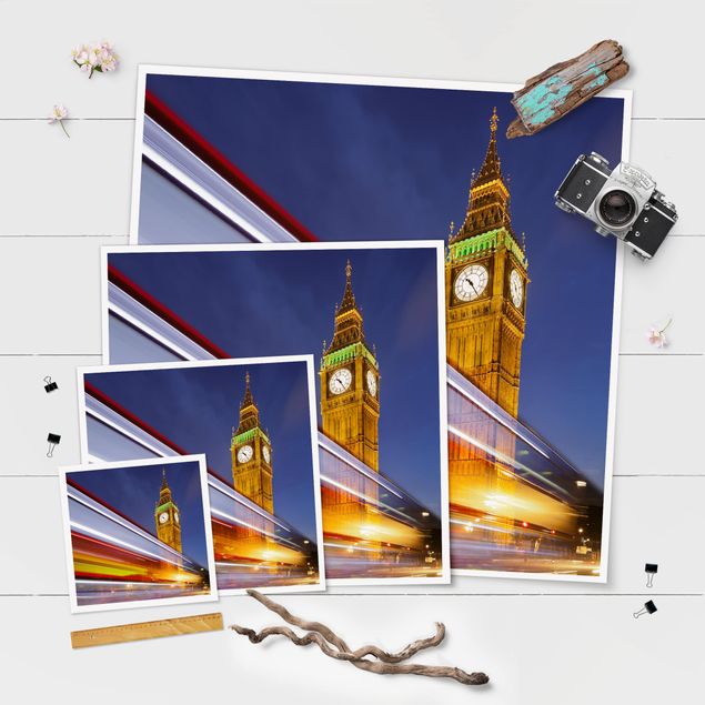 Poster - Verkehr In London am Big Ben bei Nacht - Quadrat 1:1