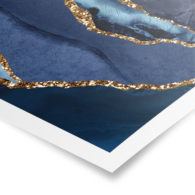 Poster - Goldene Glitzer Wellen vor Blau - Panorama Querformat