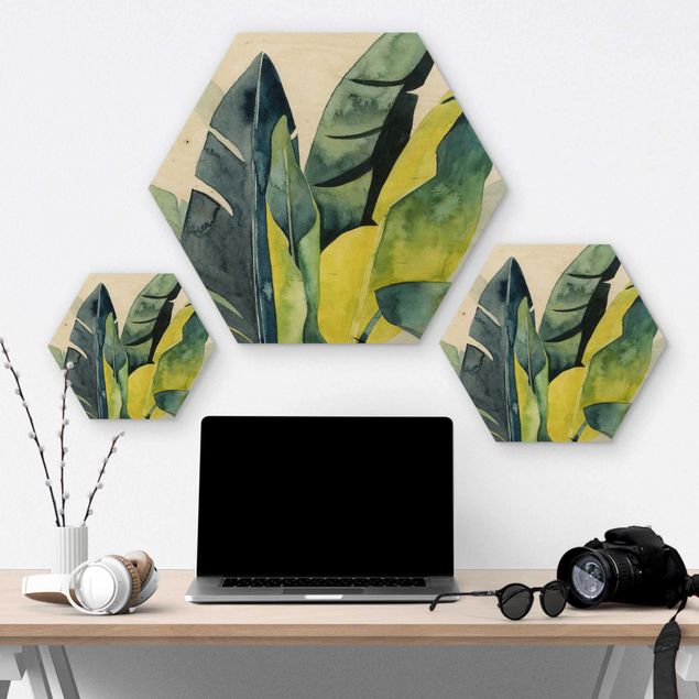 Hexagon Bild Holz - Tropisches Blattwerk - Banane