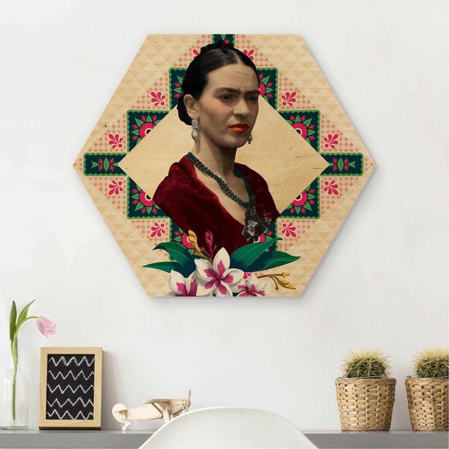 Holzbilder modern Frida Kahlo - Blumen und Geometrie
