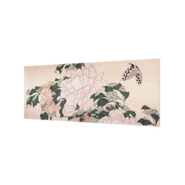 Kunstdrucke Katsushika Hokusai - Rosa Pfingstrosen mit Schmetterling