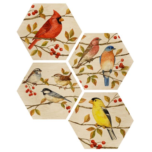 Hexagon Bild Holz 4-teilig - Vögel und Beeren Set II