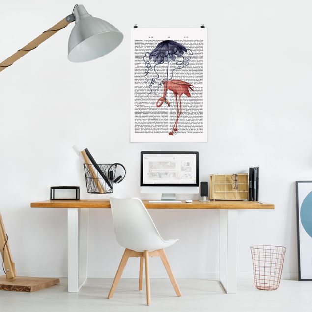Poster Kunstdruck Tierlektüre - Flamingo mit Regenschirm
