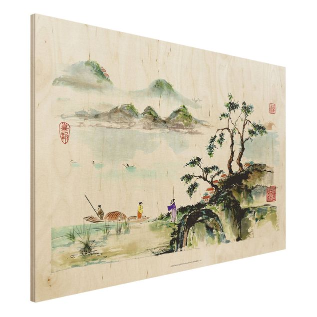 Holzbilder Vintage Japanische Aquarell Zeichnung See und Berge