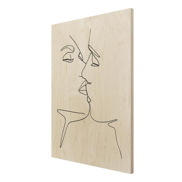 Holzbilder modern Line Art Kuss Gesichter Schwarz Weiß