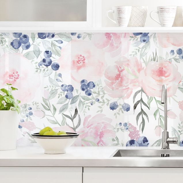 Küchenrückwände Platte Rosa Rosen mit Blaubeeren vor Weiß II
