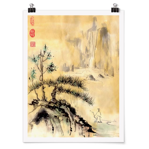 Wandbilder Japanische Aquarell Zeichnung Zedern und Berge