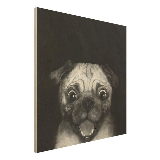 Holzbilder modern Illustration Hund Mops Malerei auf Schwarz Weiß