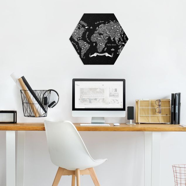 Hexagon Bilder Typografie Weltkarte schwarz