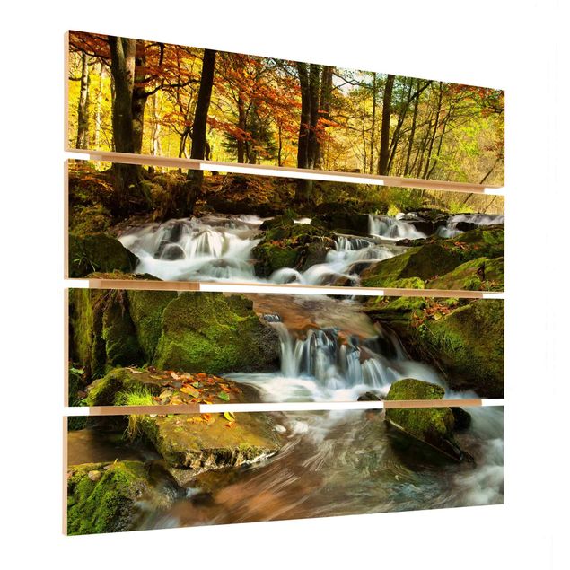 Holzbild - Wasserfall herbstlicher Wald - Quadrat 1:1