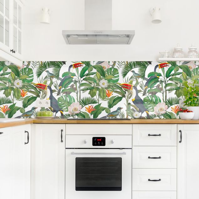 Küchenrückwand Muster Tropischer Tukan mit Monstera und Palmenblättern