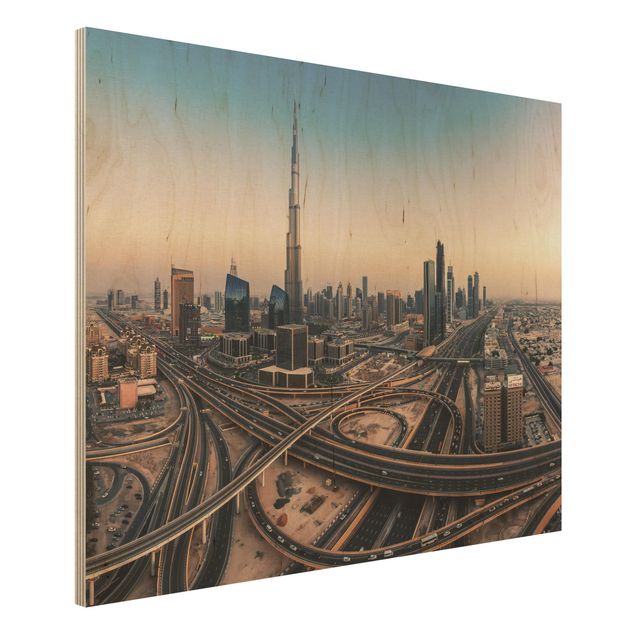 Holzbild Skyline Abendstimmung in Dubai